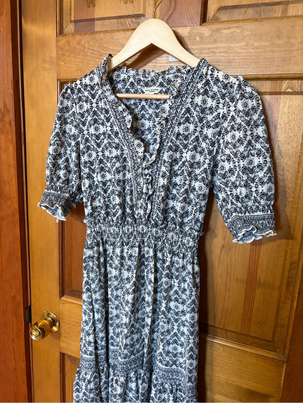 Max Studio Black & White Printed Maxi Dress with Smocked Waist
